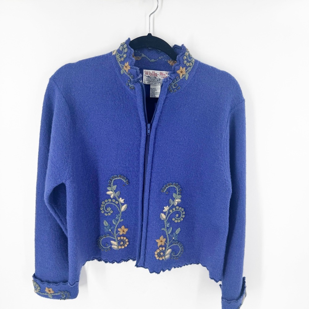 Vintage Tally-Ho 1980's Blue Boiled Wool Floral Embroidered Zip‎ Cardigan PS